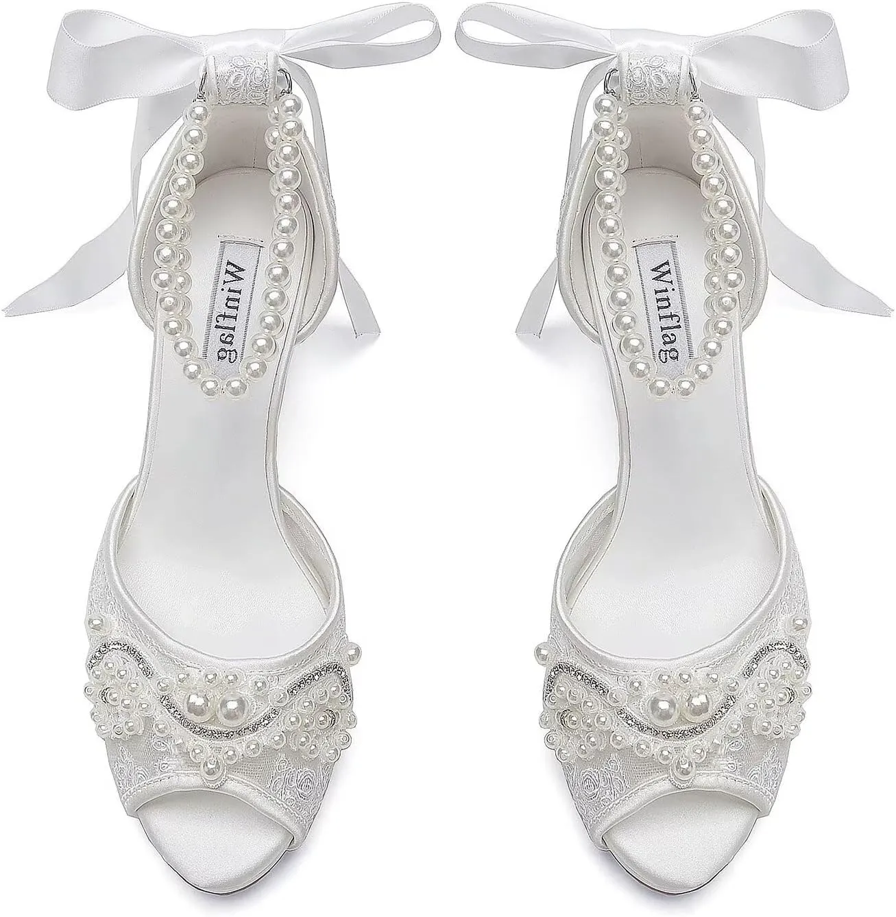 Lace Pearl Wedding Shoes for Bride High Heel Bridal Shoes Peep Toe Platform Wedding Heels