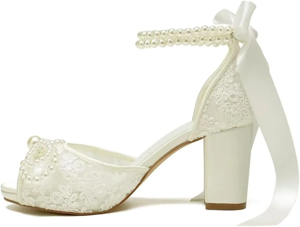 Lace Pearl Wedding Shoes for Bride High Heel Bridal Shoes Peep Toe Platform Wedding Heels