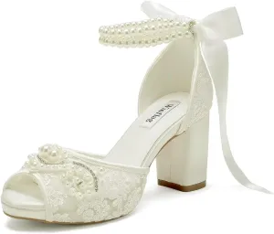 Lace Pearl Wedding Shoes for Bride High Heel Bridal Shoes Peep Toe Platform Wedding Heels