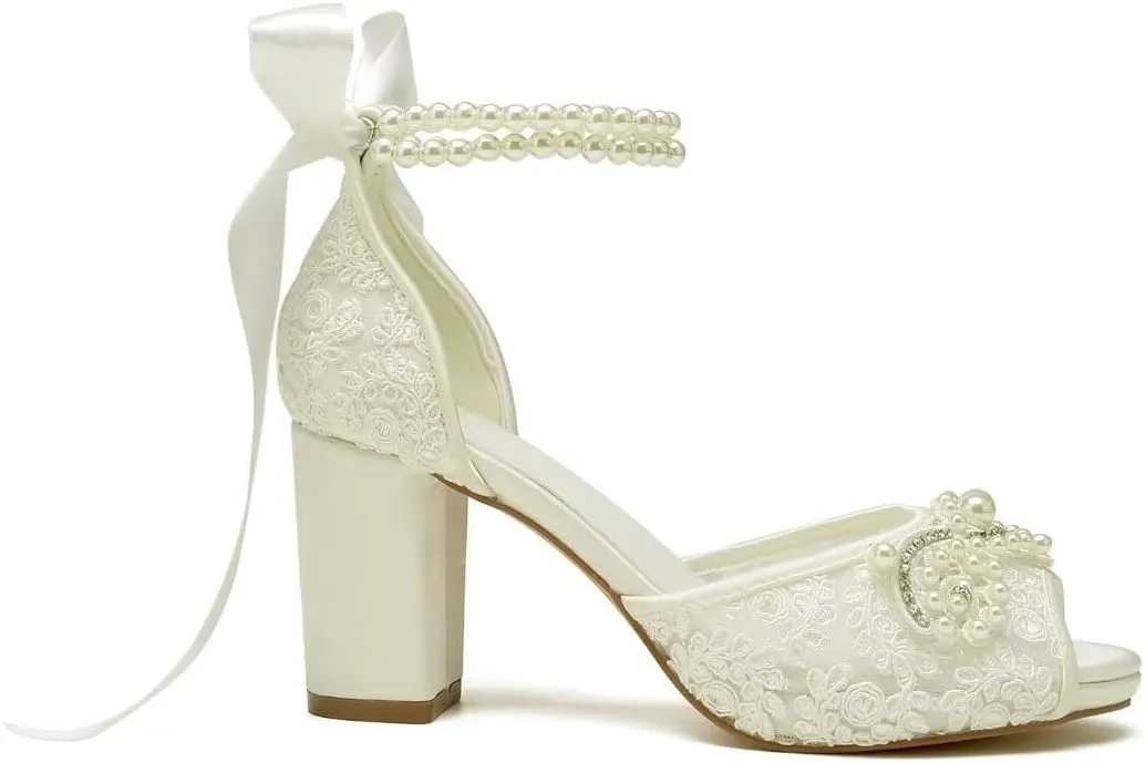 Lace Pearl Wedding Shoes for Bride High Heel Bridal Shoes Peep Toe Platform Wedding Heels