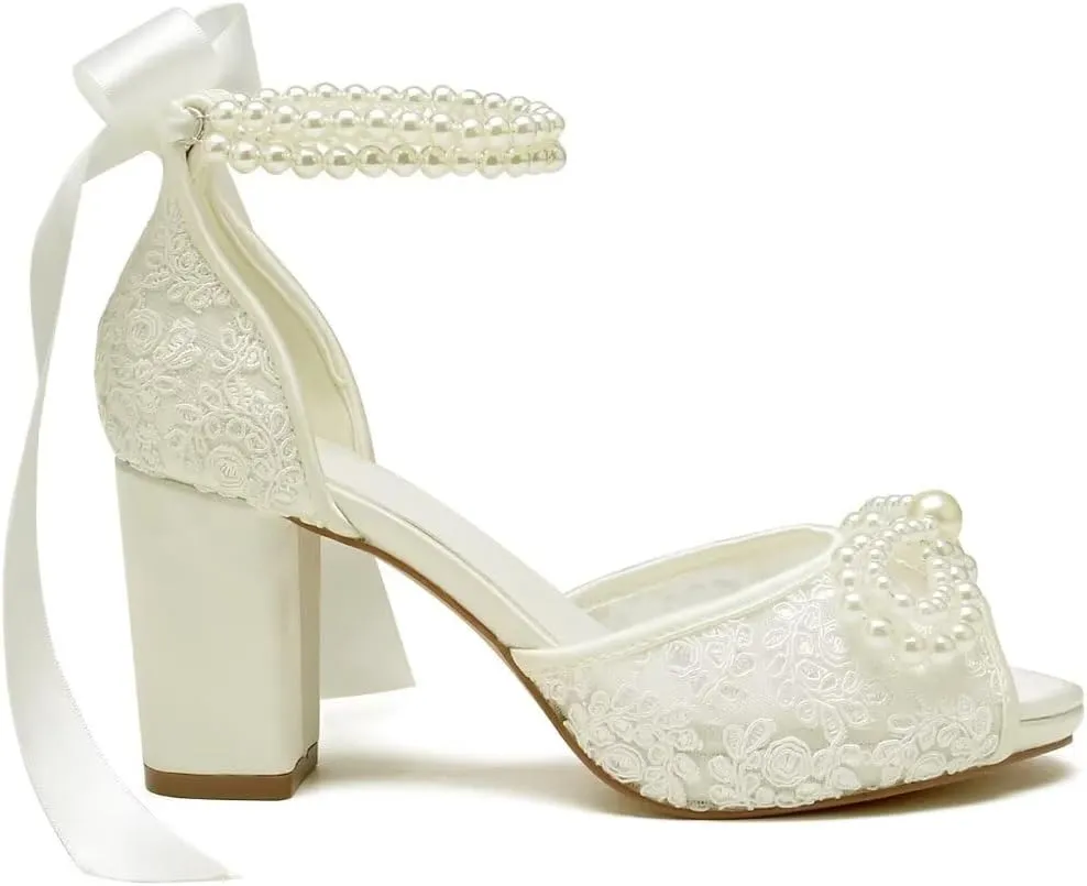 Lace Pearl Wedding Shoes for Bride High Heel Bridal Shoes Peep Toe Platform Wedding Heels
