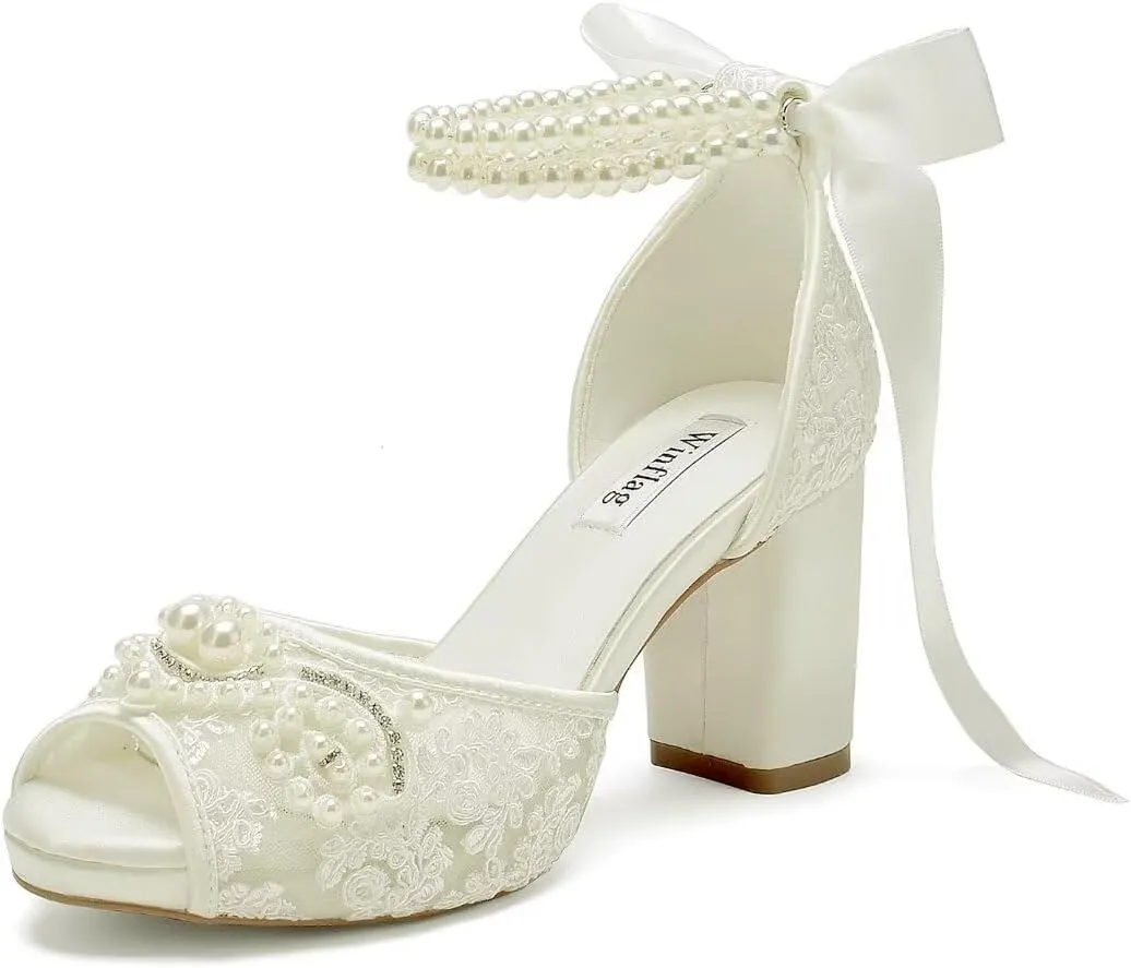 Lace Pearl Wedding Shoes for Bride High Heel Bridal Shoes Peep Toe Platform Wedding Heels