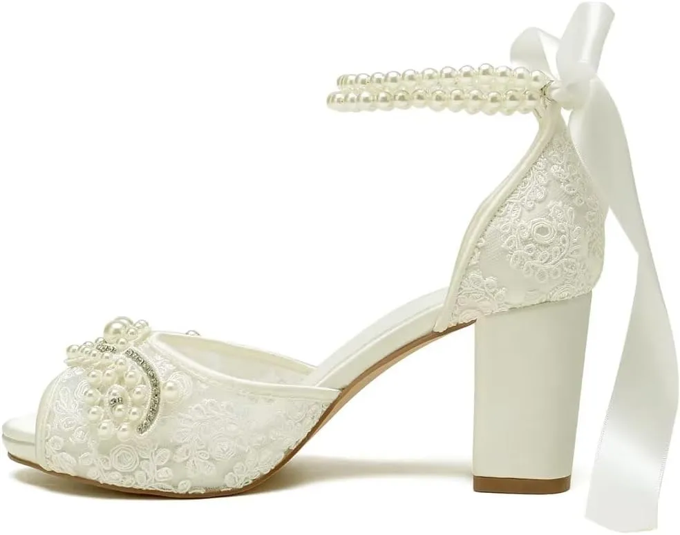 Lace Pearl Wedding Shoes for Bride High Heel Bridal Shoes Peep Toe Platform Wedding Heels