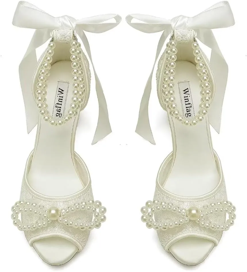 Lace Pearl Wedding Shoes for Bride High Heel Bridal Shoes Peep Toe Platform Wedding Heels