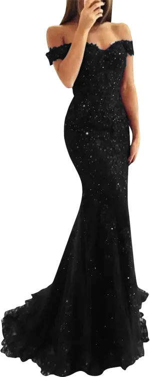 Lace Prom Dress Mermaid Off The Shoulder Formal Dress Evening Party Gowns with Train