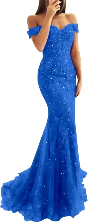 Lace Prom Dress Mermaid Off The Shoulder Formal Dress Evening Party Gowns with Train