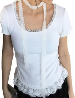 Lace Trim Summer Tops for Women Short Sleeve Slim Fit Scoop Neck with Ruched Sides Neck Tie Cutecore Kawaii Chic