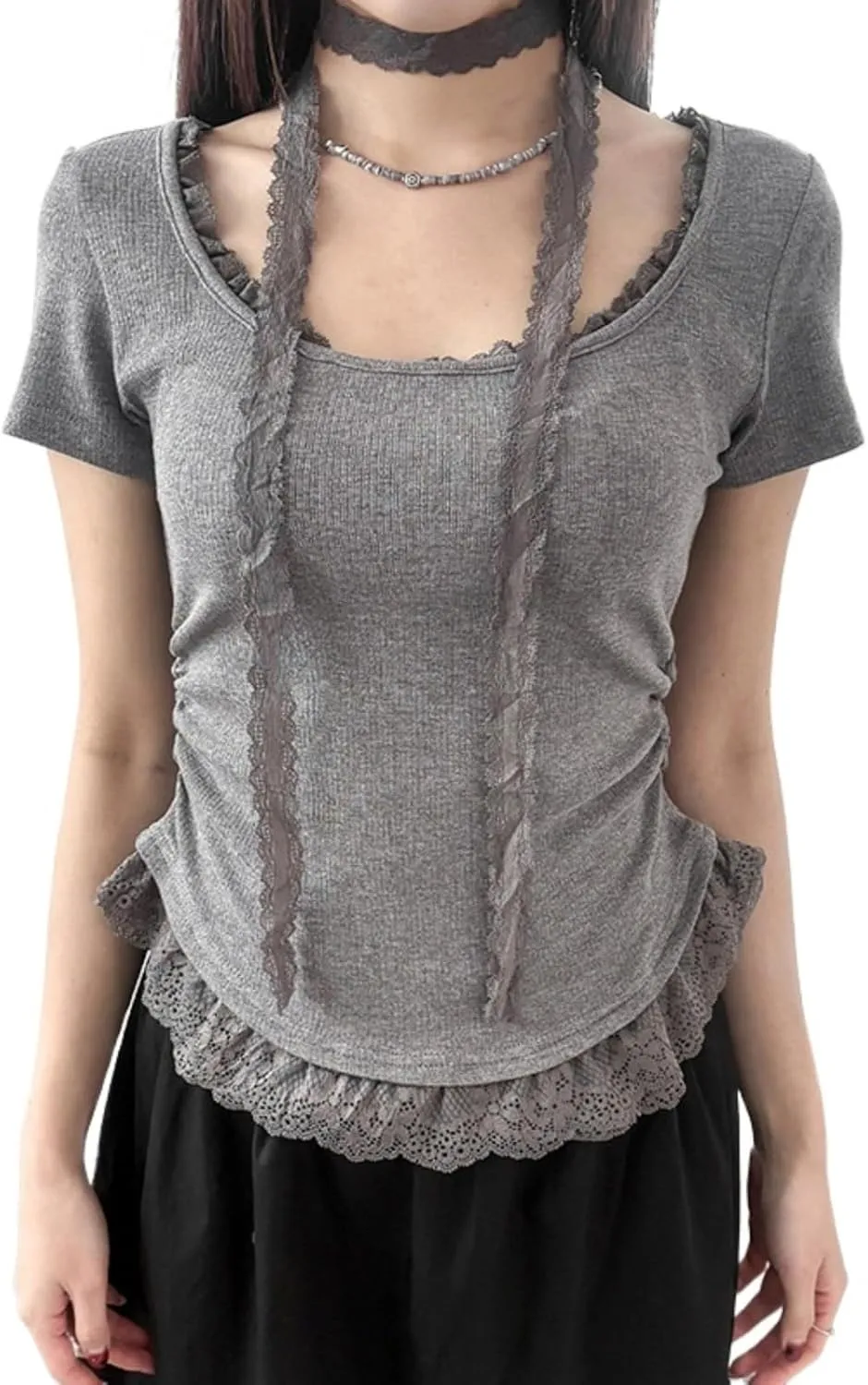 Lace Trim Summer Tops for Women Short Sleeve Slim Fit Scoop Neck with Ruched Sides Neck Tie Cutecore Kawaii Chic