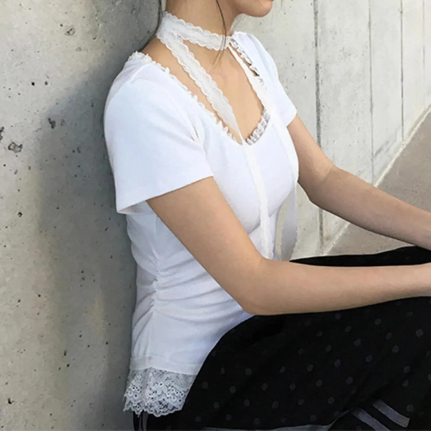Lace Trim Summer Tops for Women Short Sleeve Slim Fit Scoop Neck with Ruched Sides Neck Tie Cutecore Kawaii Chic