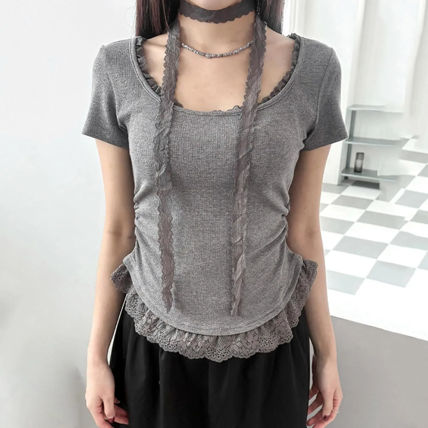 Lace Trim Summer Tops for Women Short Sleeve Slim Fit Scoop Neck with Ruched Sides Neck Tie Cutecore Kawaii Chic