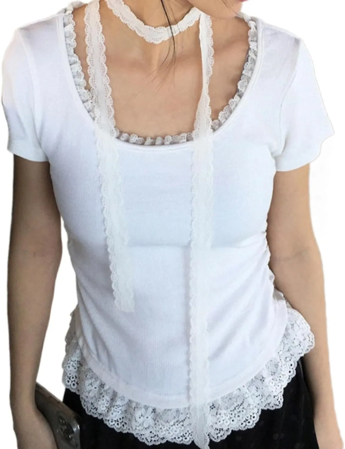 Lace Trim Summer Tops for Women Short Sleeve Slim Fit Scoop Neck with Ruched Sides Neck Tie Cutecore Kawaii Chic