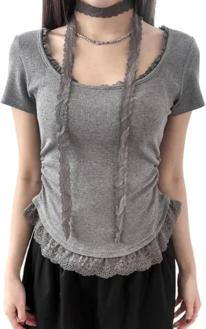 Lace Trim Summer Tops for Women Short Sleeve Slim Fit Scoop Neck with Ruched Sides Neck Tie Cutecore Kawaii Chic