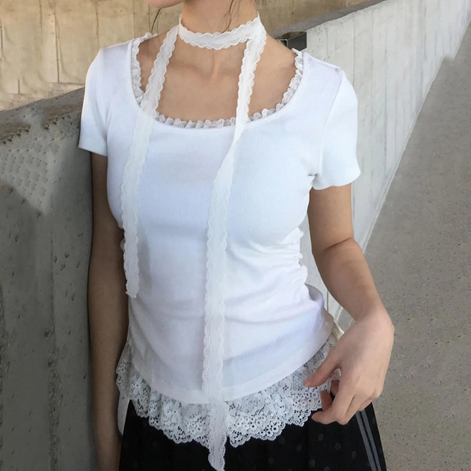 Lace Trim Summer Tops for Women Short Sleeve Slim Fit Scoop Neck with Ruched Sides Neck Tie Cutecore Kawaii Chic