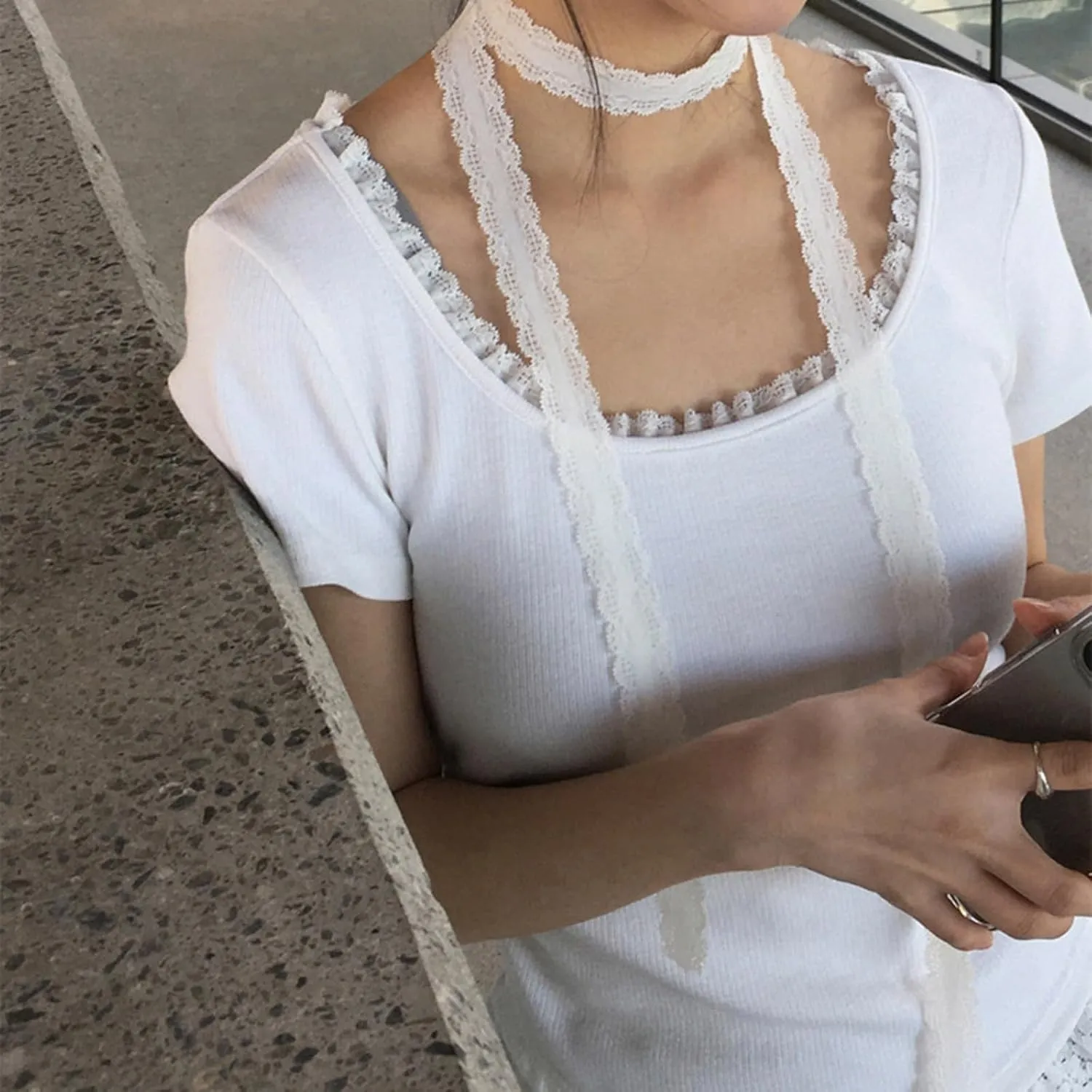 Lace Trim Summer Tops for Women Short Sleeve Slim Fit Scoop Neck with Ruched Sides Neck Tie Cutecore Kawaii Chic