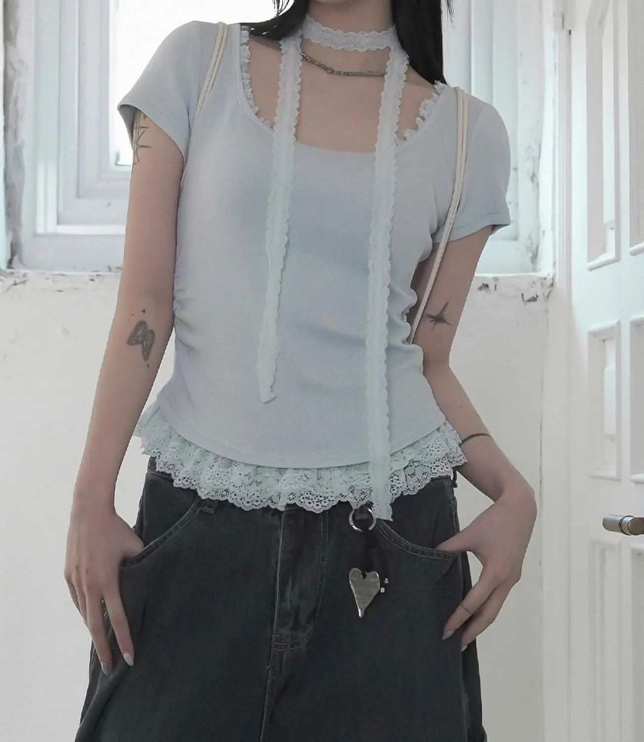 Lace Trim Summer Tops for Women Short Sleeve Slim Fit Scoop Neck with Ruched Sides Neck Tie Cutecore Kawaii Chic