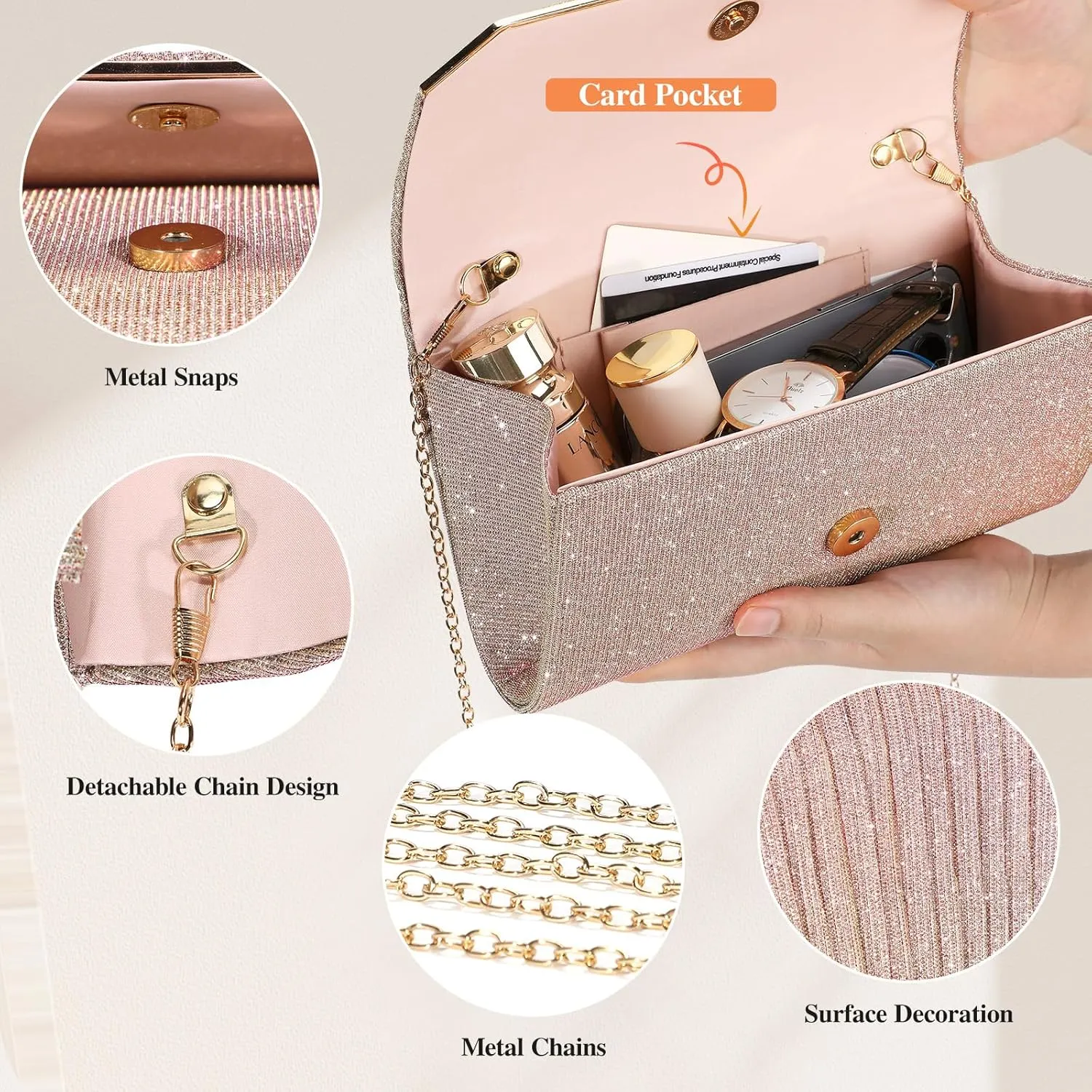 Ladies Pleated Evening Clutches Glitter Envelope Handbag Elegant Small Shoulder Bag for Wedding Party Prom Bridal