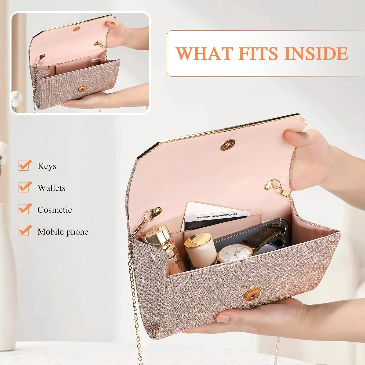 Ladies Pleated Evening Clutches Glitter Envelope Handbag Elegant Small Shoulder Bag for Wedding Party Prom Bridal