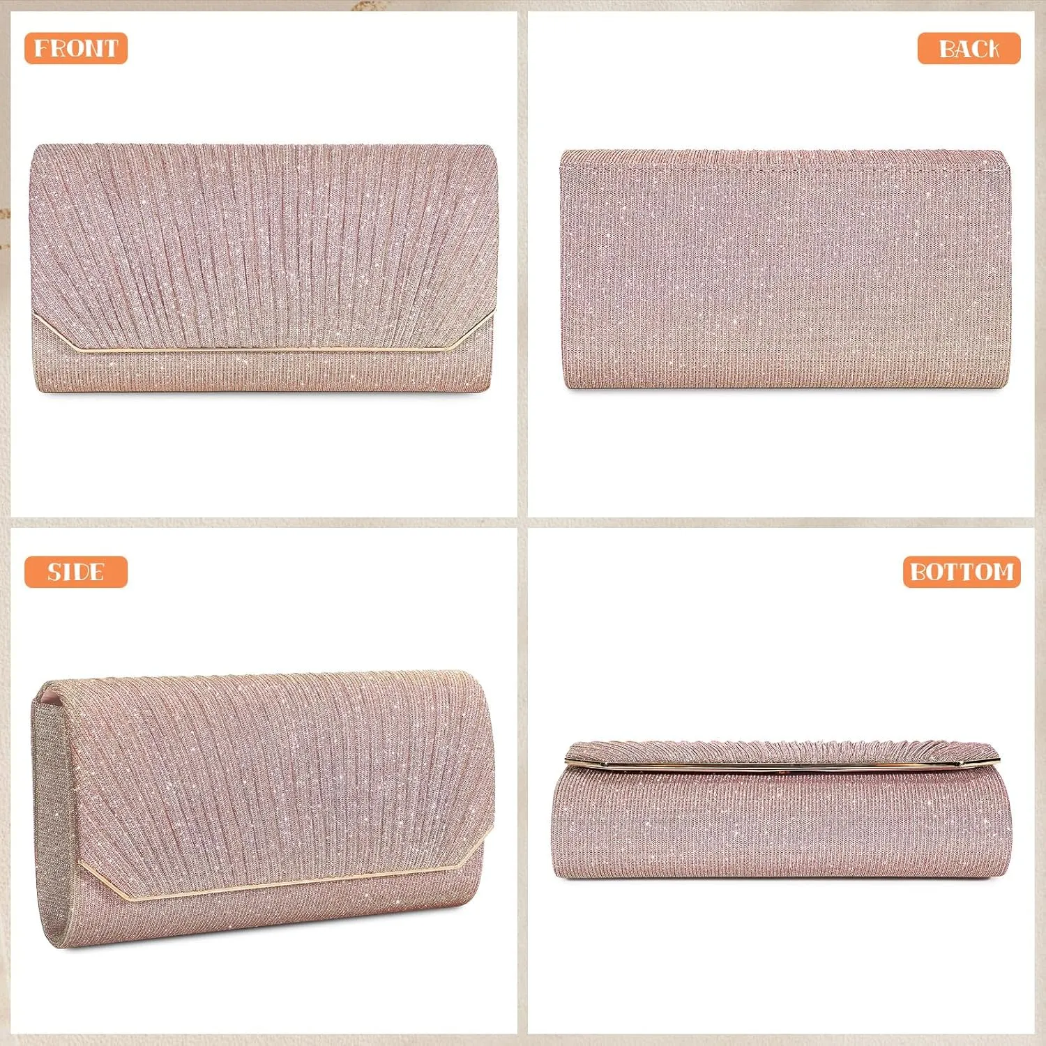 Ladies Pleated Evening Clutches Glitter Envelope Handbag Elegant Small Shoulder Bag for Wedding Party Prom Bridal