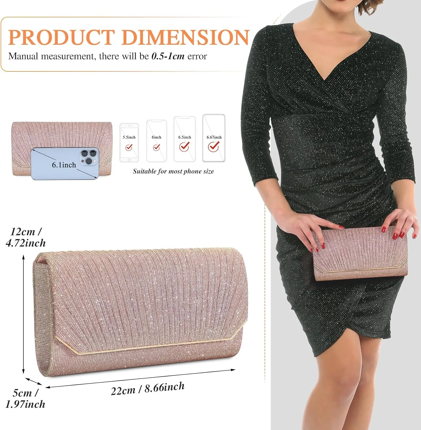 Ladies Pleated Evening Clutches Glitter Envelope Handbag Elegant Small Shoulder Bag for Wedding Party Prom Bridal