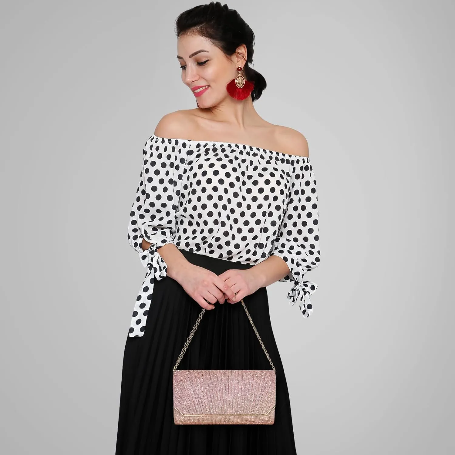Ladies Pleated Evening Clutches Glitter Envelope Handbag Elegant Small Shoulder Bag for Wedding Party Prom Bridal