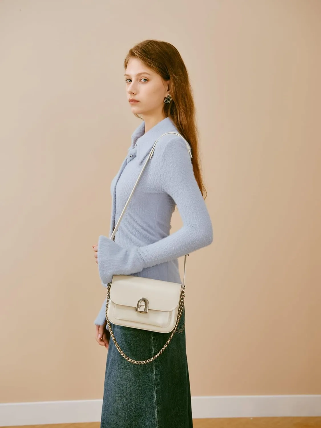 LAFESTIN Split Leather Shoulder Bag for Women - Elegant Crossbody Purse with Adjustable Leather Strap and Chain Strap