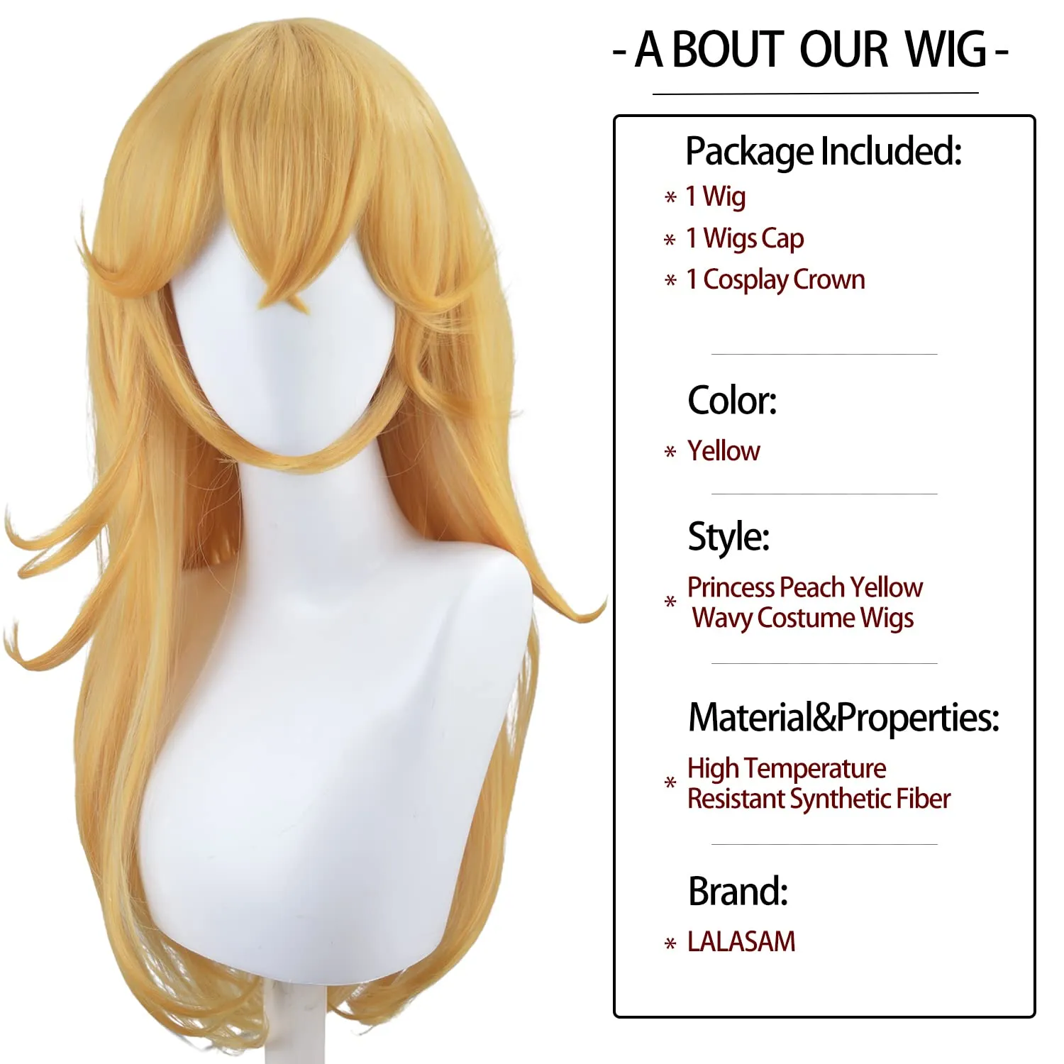 LALSAM Peach Blonde Princess Hair 3 Pieces Yellow Long Wave Halloween Cosplay, Anime Costume Party Wigs & Accessories Princess 3 Jewel Crown, Wig Cap