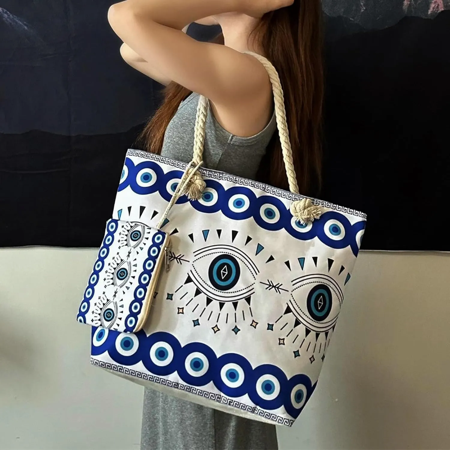 Large Capacity Women's Evil Eye Beach Tote Bag, Handmade Canvas Shoulder Bag with Mini Pouch, Single-sided Pattern