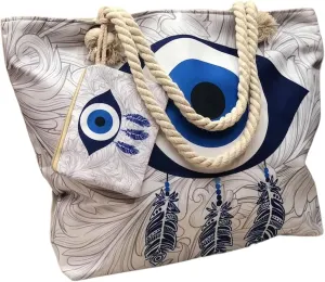 Large Capacity Women's Evil Eye Beach Tote Bag, Handmade Canvas Shoulder Bag with Mini Pouch, Single-sided Pattern