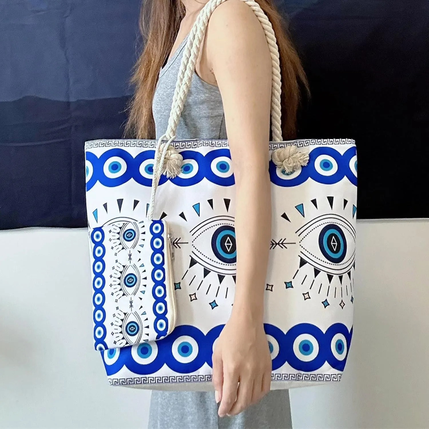 Large Capacity Women's Evil Eye Beach Tote Bag, Handmade Canvas Shoulder Bag with Mini Pouch, Single-sided Pattern