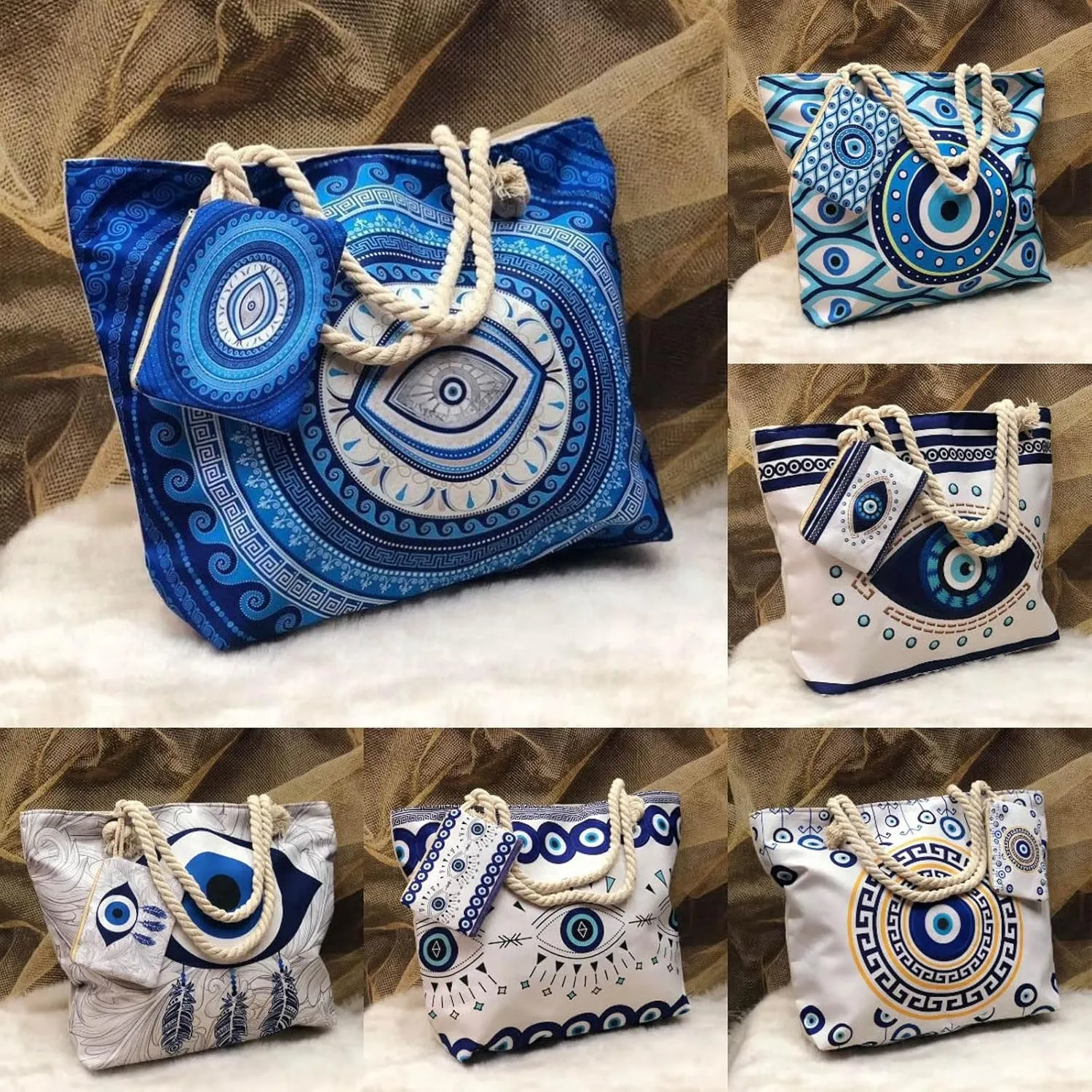 Large Capacity Women's Evil Eye Beach Tote Bag, Handmade Canvas Shoulder Bag with Mini Pouch, Single-sided Pattern