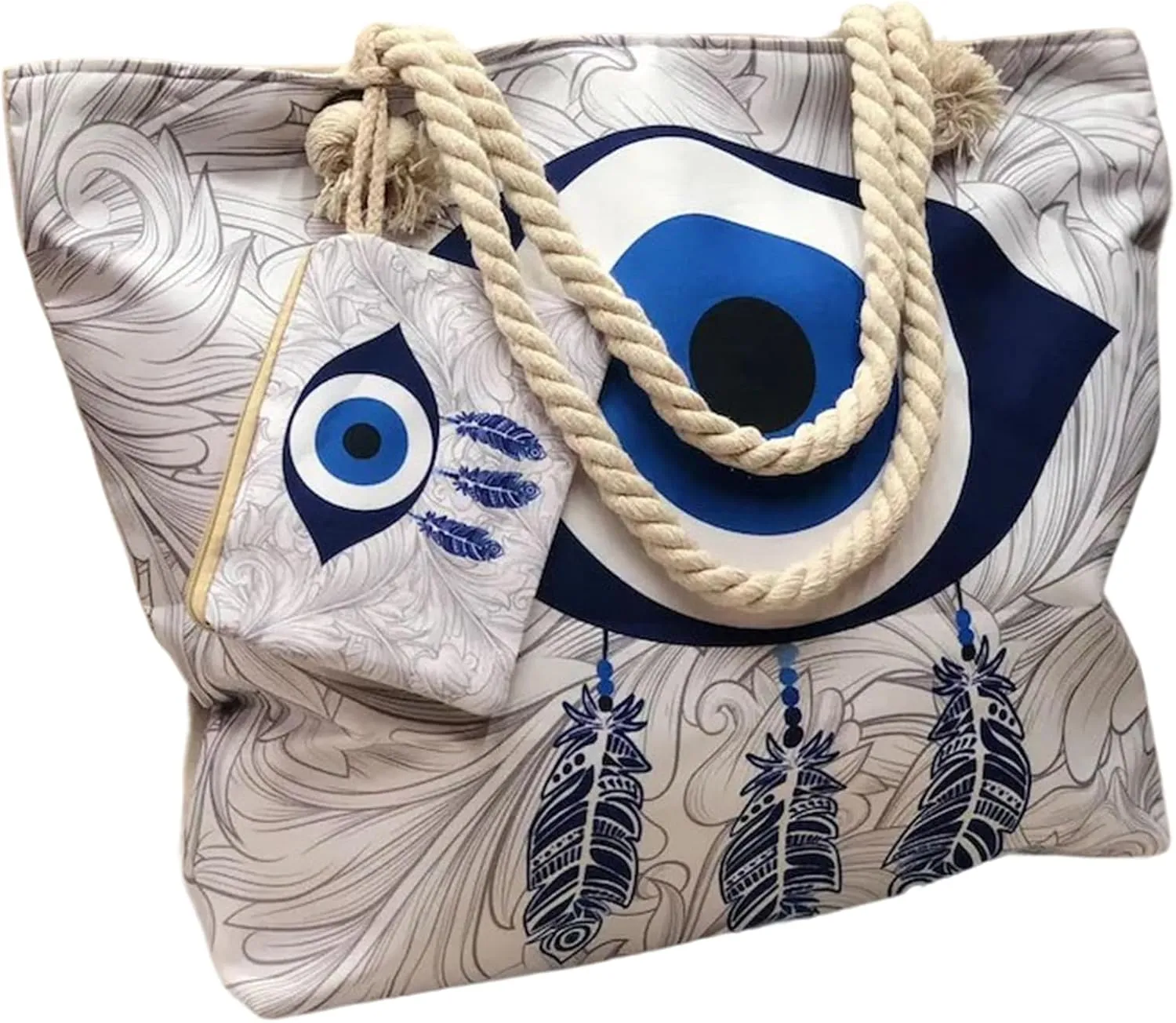 Large Capacity Women's Evil Eye Beach Tote Bag, Handmade Canvas Shoulder Bag with Mini Pouch, Single-sided Pattern