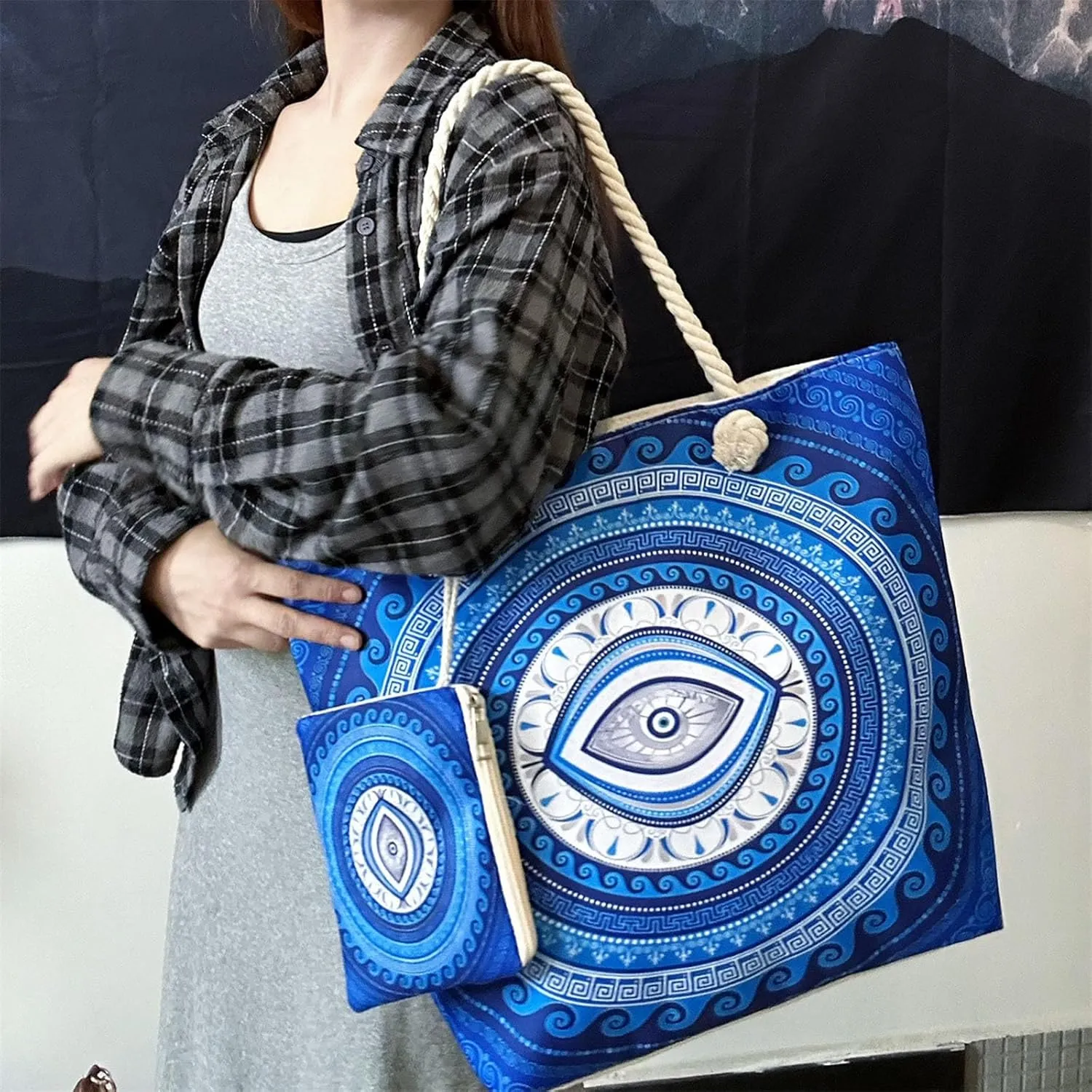 Large Capacity Women's Evil Eye Beach Tote Bag, Handmade Canvas Shoulder Bag with Mini Pouch, Single-sided Pattern