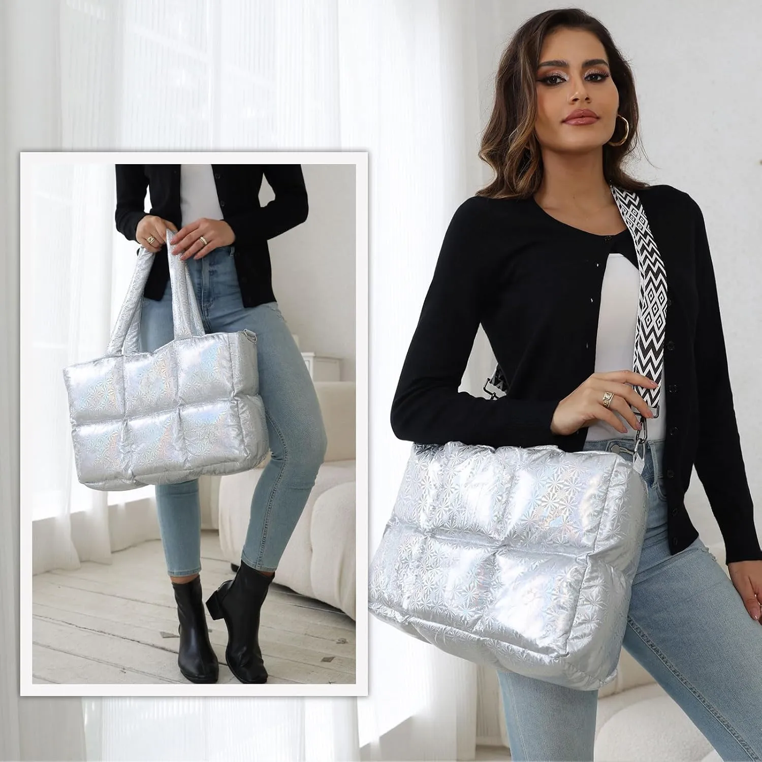 Large Puffer Tote Bag Handbags for Women Shoulder Bags Lightweight Winter Down Cotton Padded Puffy Tote Bag