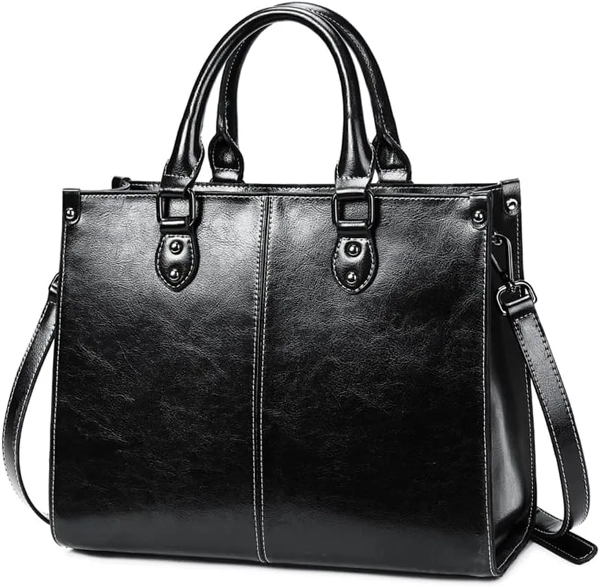 Large Satchel Handbag for Women Genuine Leather Top Handle Purse Fashion Shiny Leather Tote Crossbody Bag (Brown)