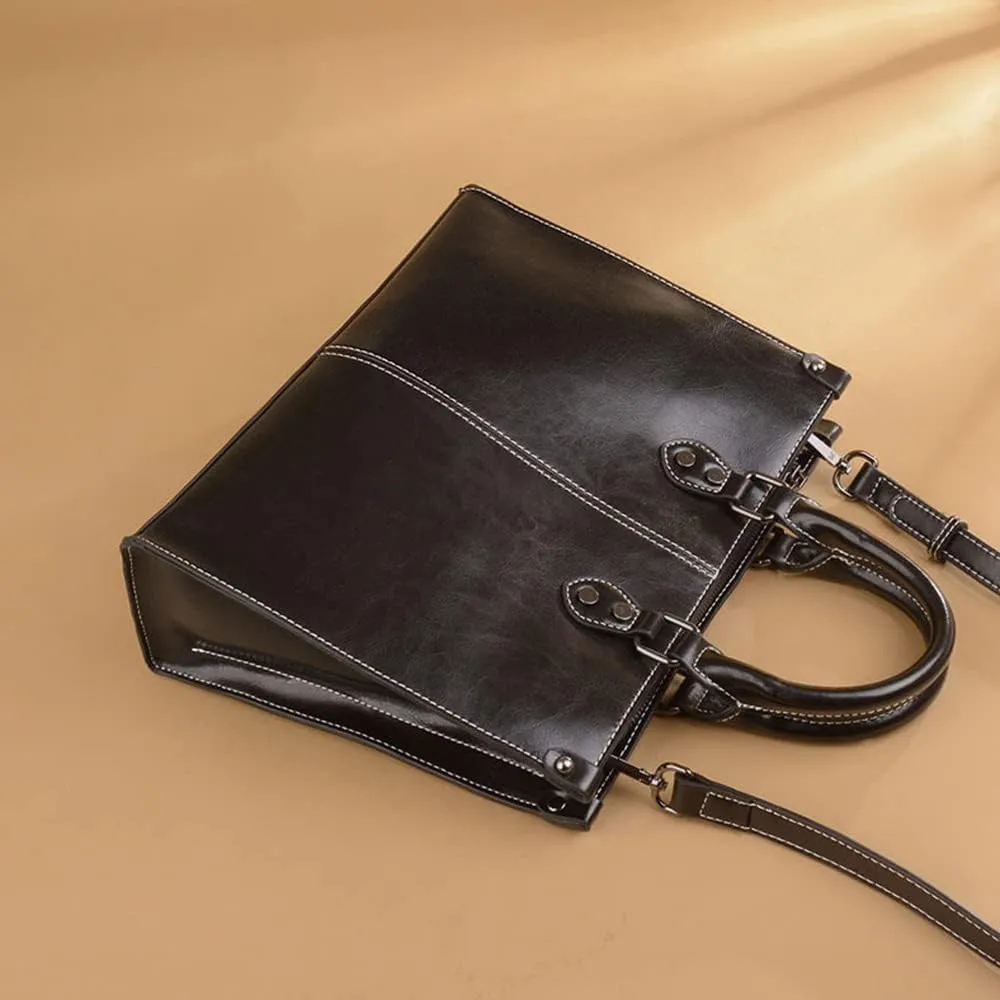 Large Satchel Handbag for Women Genuine Leather Top Handle Purse Fashion Shiny Leather Tote Crossbody Bag (Brown)
