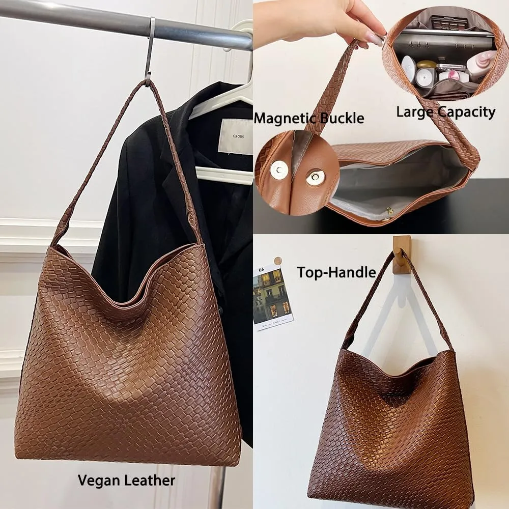 Large Woven Tote Bag for Women Top-handle Shoulder Bag Hobo Bags Soft Vegan Trendy Handbag Purse Lightweight Underarm