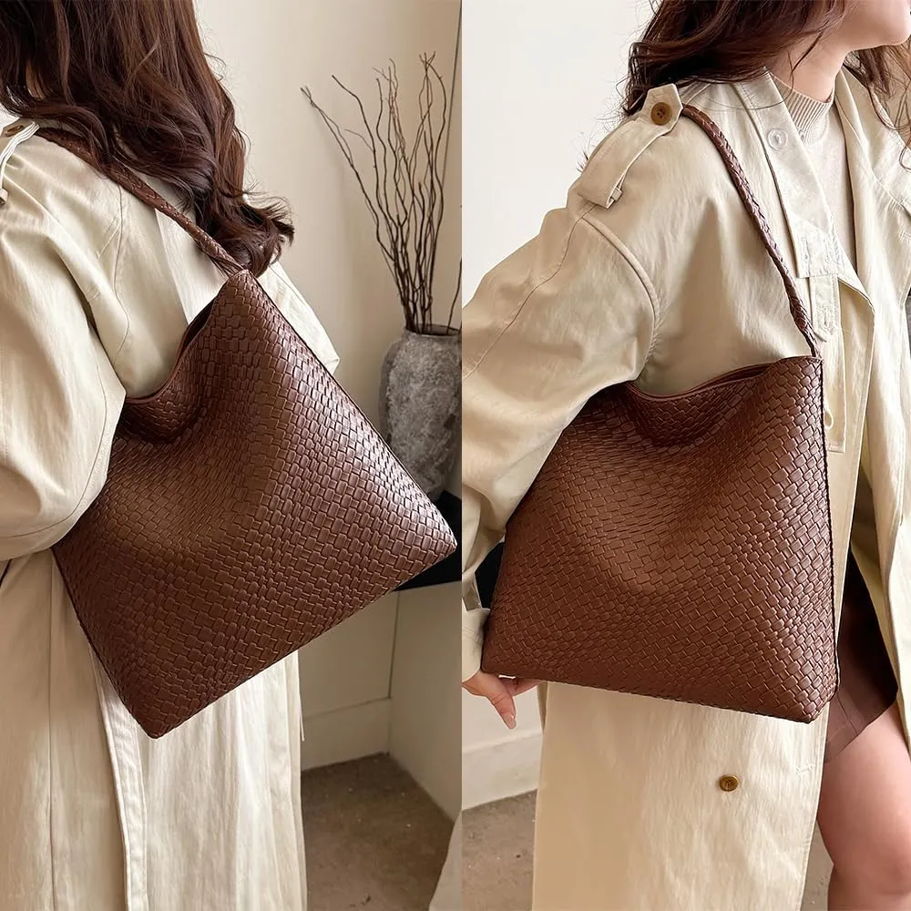 Large Woven Tote Bag for Women Top-handle Shoulder Bag Hobo Bags Soft Vegan Trendy Handbag Purse Lightweight Underarm