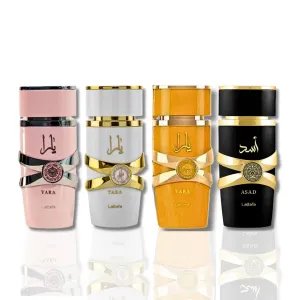 Lattafa for Unisex 4 Piece Eau de Parfum Gift Set (Yara for Women   Yara Moi for Women   Yara Tous for Women   Asad for Men) 3.4 Ounce/100 ml each