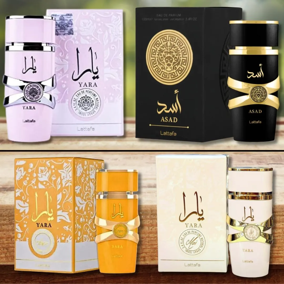 Lattafa for Unisex 4 Piece Eau de Parfum Gift Set (Yara for Women   Yara Moi for Women   Yara Tous for Women   Asad for Men) 3.4 Ounce/100 ml each