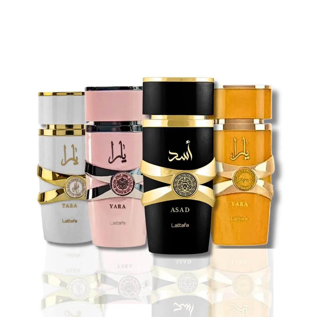 Lattafa for Unisex 4 Piece Eau de Parfum Gift Set (Yara for Women   Yara Moi for Women   Yara Tous for Women   Asad for Men) 3.4 Ounce/100 ml each