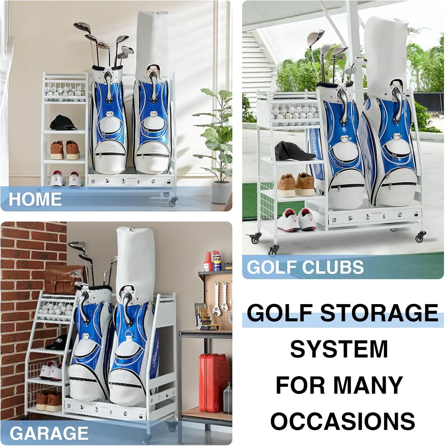 Lauren&Harold Golf Bag Organizer Garage Storage, Golf Storage Rack Stand Fits 2 Golf Bags, Golf Clubs and Other Golfing Equipment Accessories, Golf Organizer for Garage, Club, Shed, Basement