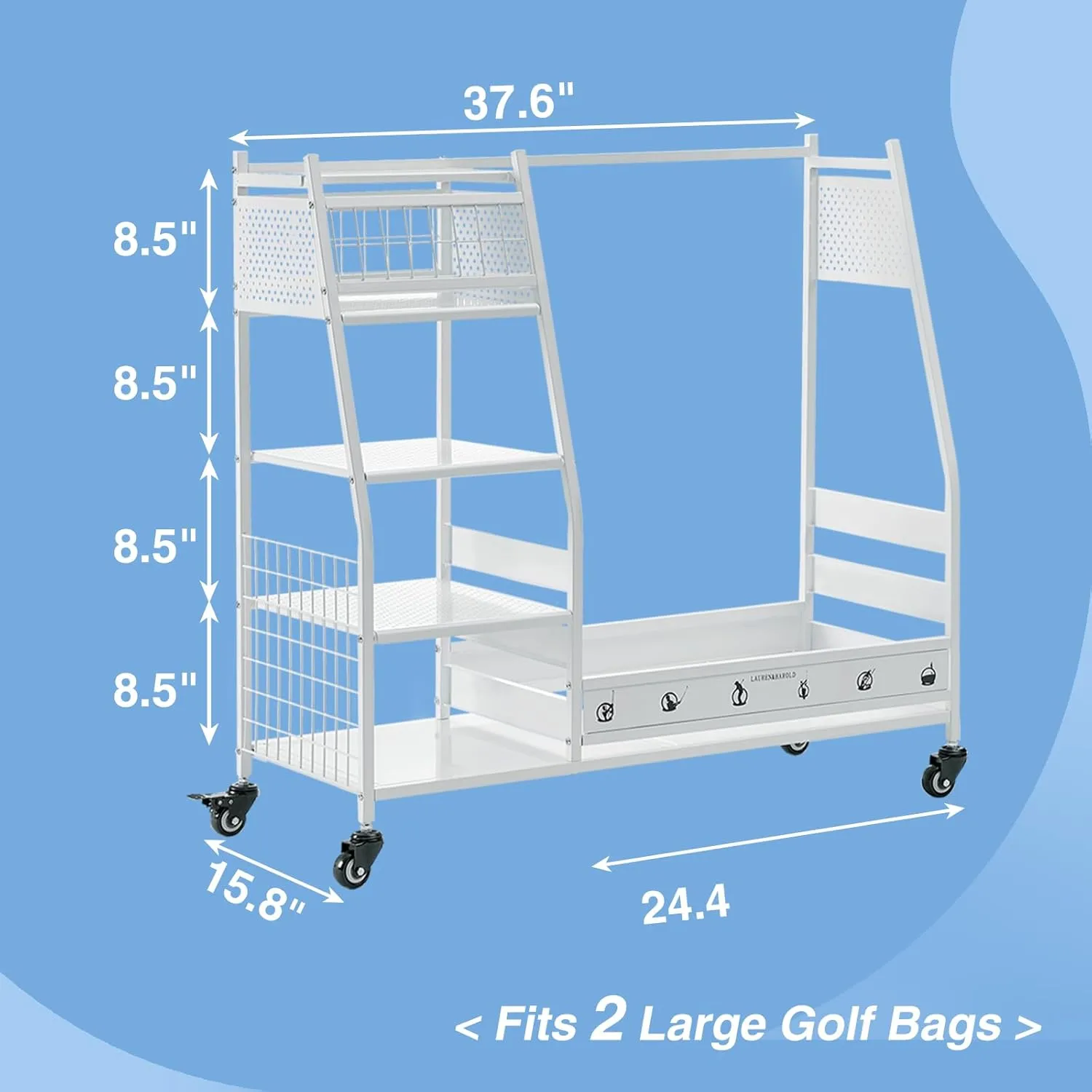 Lauren&Harold Golf Bag Organizer Garage Storage, Golf Storage Rack Stand Fits 2 Golf Bags, Golf Clubs and Other Golfing Equipment Accessories, Golf Organizer for Garage, Club, Shed, Basement