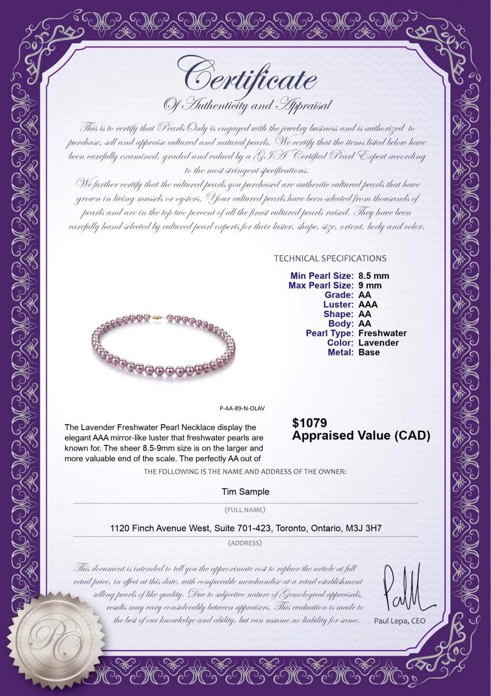 Lavender 8.5-9mm AA Quality Freshwater Cultured Pearl Necklace for Women