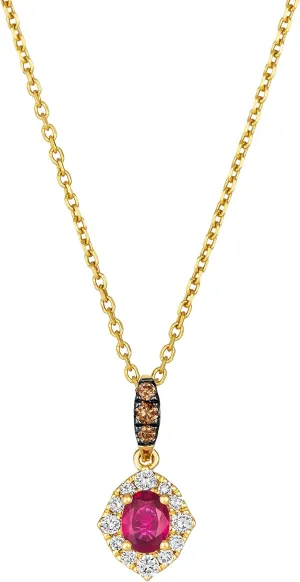 LE VIAN 0.15 Carat Diamond and 1/4 Carat Red Ruby Oval Halo Pendant Necklace for Women in 14k Yellow Gold (White/Fancy Brown, cttw) on 18 Inch Chain