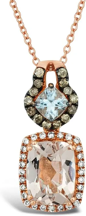 LE VIAN 14K Rose Gold, Cushion Cut Morganite, Aquamarine & 1/4 Cttw White/Chocolate Diamond 18 Inch Pendant Necklace (H-I & Fancy Brown Color, SI2-I1 Clarity)