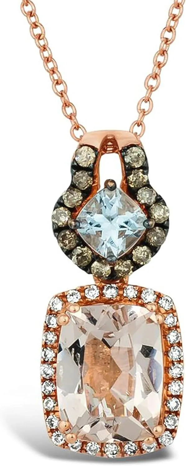 LE VIAN 14K Rose Gold, Cushion Cut Morganite, Aquamarine & 1/4 Cttw White/Chocolate Diamond 18 Inch Pendant Necklace (H-I & Fancy Brown Color, SI2-I1 Clarity)