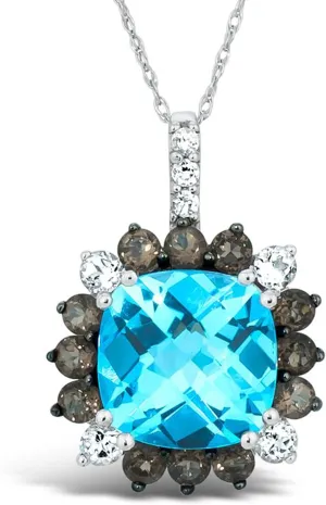 LE VIAN 14K White Gold, Cushion Shaped Checkerboard Cut Blue Topaz, Smoky Quartz & White Topaz 7/8" Flower Pendant Necklace - 18 Inch