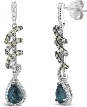 LE VIAN 14K White Gold, Pear Cut Blue Topaz & 1-1/6 Cttw White/Chocolate Diamond 1-1/2" Dangle Stud Earrings (H-I & Fancy Brown Color, SI2-I1 Clarity)