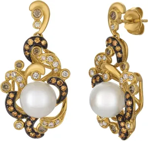 LE VIAN 3/4 Carat Chocolate Diamond and Fresh Water Pearl Dangle Drop Earrings for Women in 14k Yellow Gold (Brown/H-I, SI2-SI3, cttw) Push Back