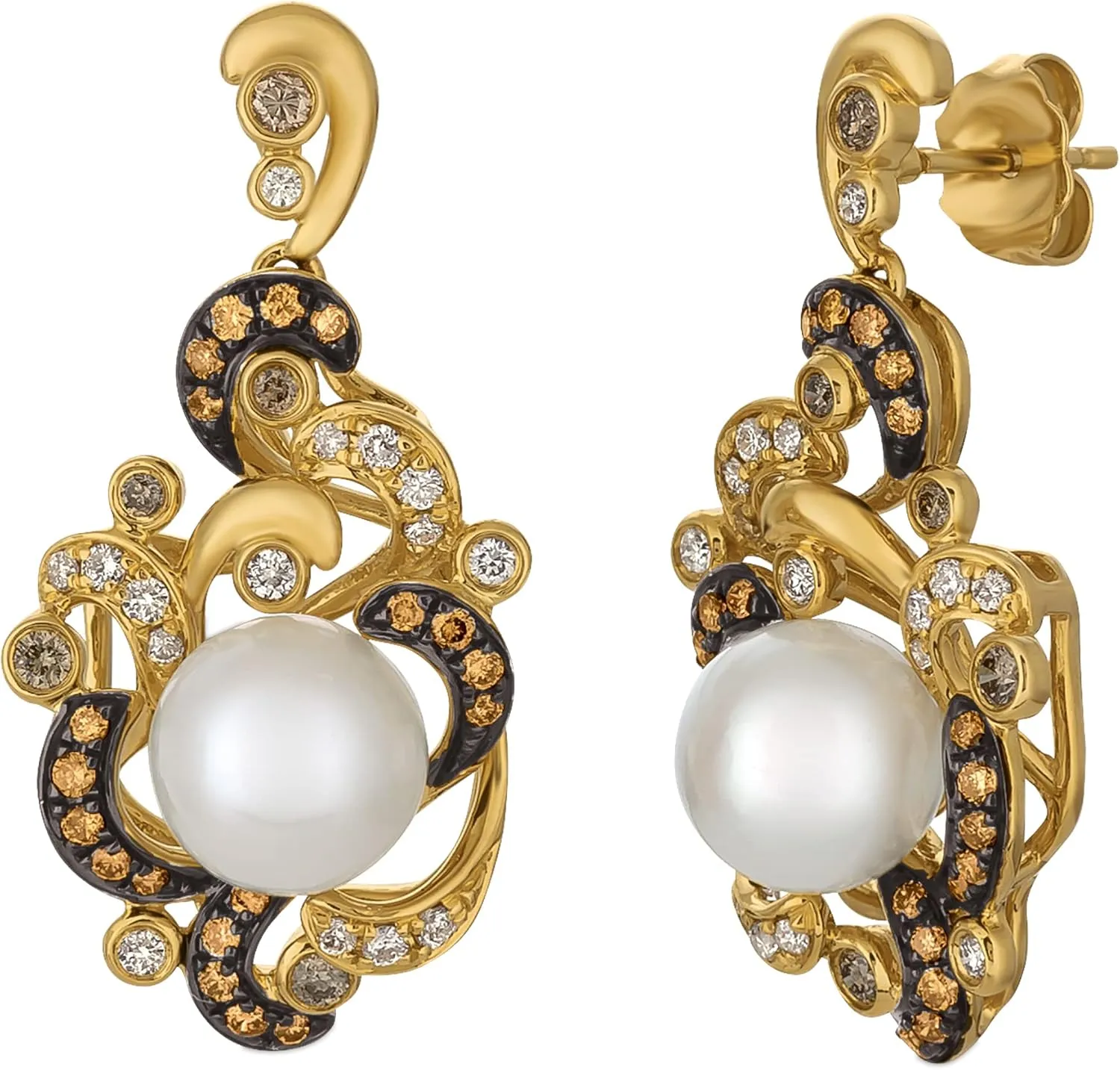 LE VIAN 3/4 Carat Chocolate Diamond and Fresh Water Pearl Dangle Drop Earrings for Women in 14k Yellow Gold (Brown/H-I, SI2-SI3, cttw) Push Back